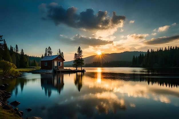 Lago com parentes anãs vintage em um ambiente florestal ao pôr do sol gerado por IA