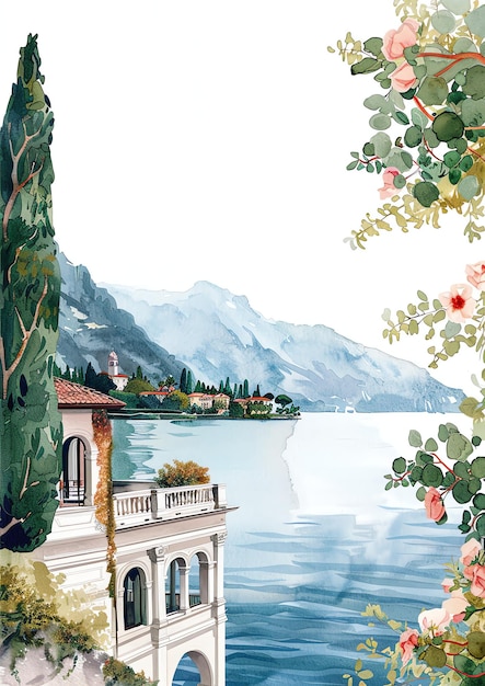 El lago de Como Italia paisaje acuarela plantilla de invitación de boda