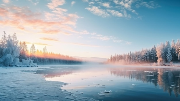 Lago congelado al amanecer de invierno con espacio vacío para texto