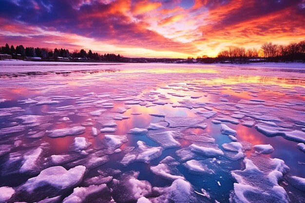 Lago congelado ao pôr-do-sol Generativo Ai