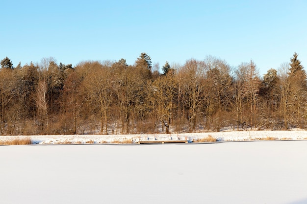 Lago congelado e floresta no inverno, a neve cai após uma queda de neve, perto da costa um pequeno cais