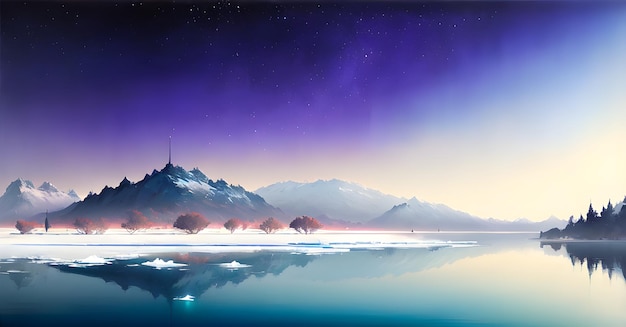 Lago congelado e montanhas cobertas de neve Cenário do lago glacial Derretimento de gelo Generative ai para crianças histórias de livros contos de fadas