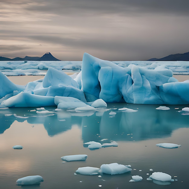 un lago congelado con icebergs y montañas en el fondo