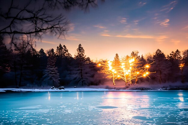 Un lago congelado con luces de Navidad brillando en los árboles en el fondo en un invierno navideño