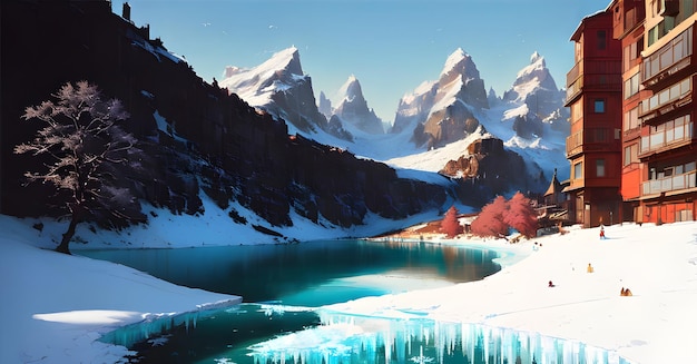 Lago congelado y montañas cubiertas de nieve Paisaje de lago glaciar Derretimiento de hielo Generativo ai para niños cuentos de cuentos de hadas