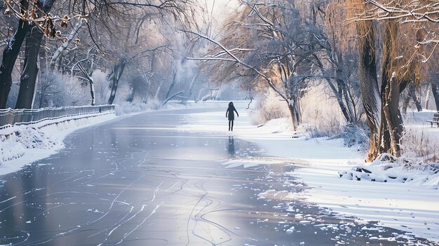 Foto lago congelado no parque com árvores cobertas de neve e uma pessoa patinando no gelo