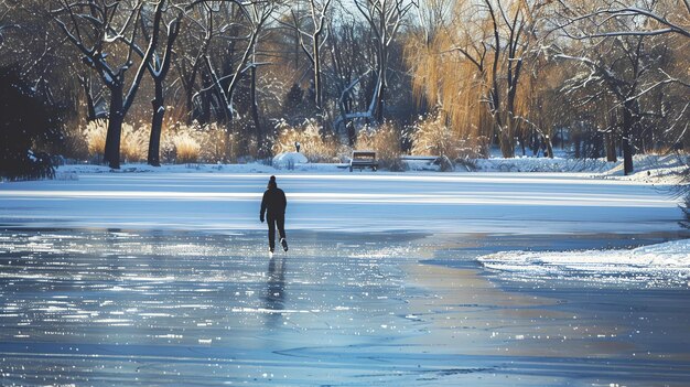 Foto lago congelado no parque uma pessoa está patinando no gelo em um lago congelado no parque as árvores estão nuas e a neve está no chão