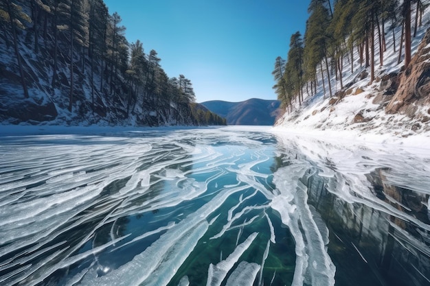 Lago congelado ou rio com gelo lindo com rachaduras cercadas por floresta nevada