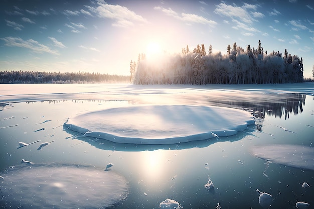 Un lago congelado con un paisaje nevado de fondo