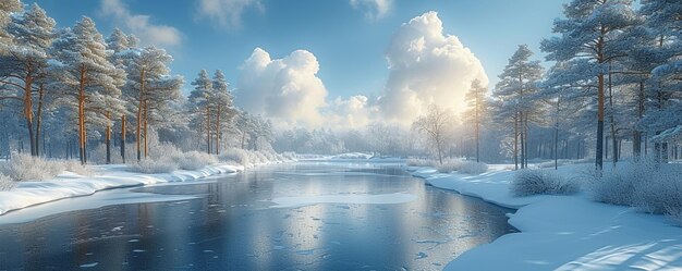 Un lago congelado rodeado de pinos cubiertos de nieve