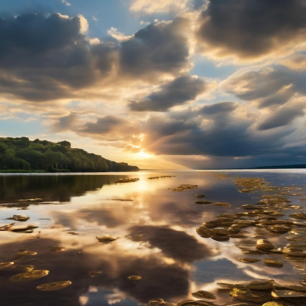 Un lago consciente refleja las emociones del cielo cuando las nubes se enfurecen su superficie se agita con tormentas