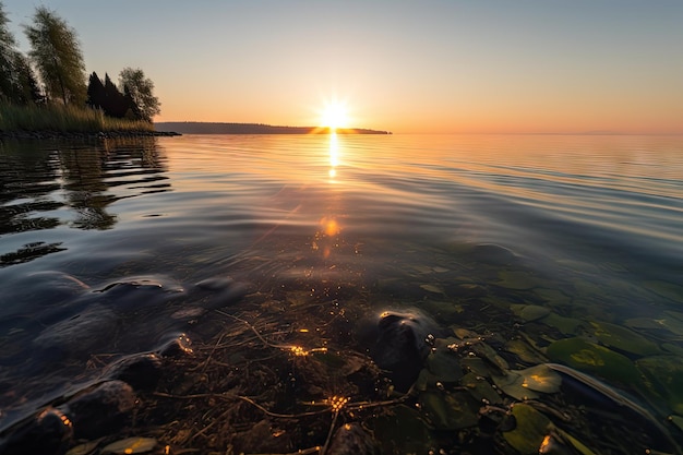 Lago cristalino ao nascer do sol com o sol espreitando no horizonte criado com ai generativo