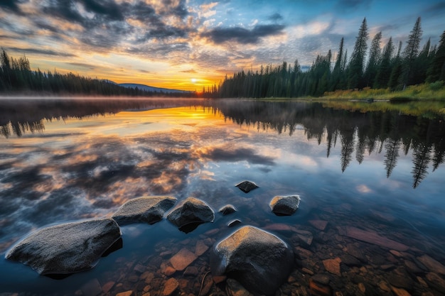 Lago cristalino ao nascer do sol com reflexo do céu e nuvens criadas com ai generativo