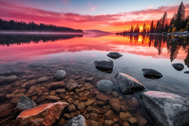 Lago cristalino ao nascer do sol com tons de laranja e rosa no céu criado com ai generativo