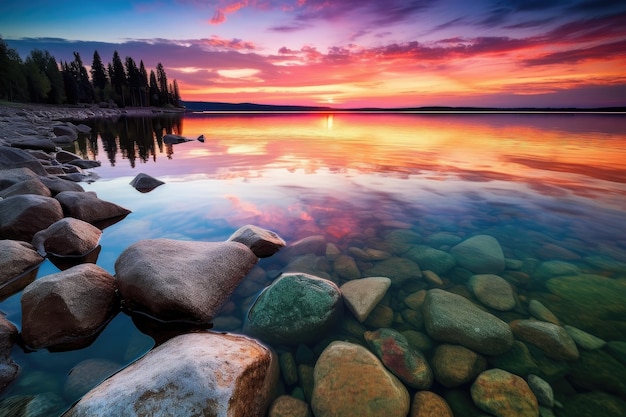 Lago cristalino com pôr do sol colorido ao fundo criado com ai generativo