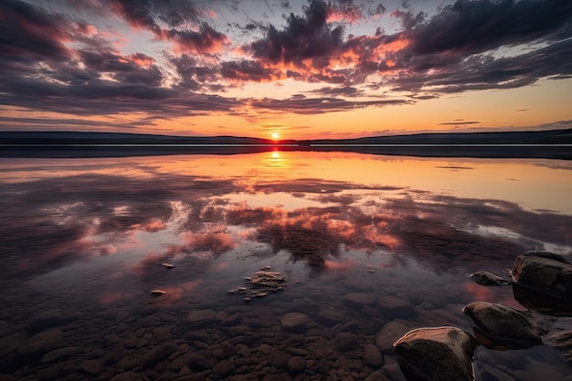 Lago cristalino com pôr do sol e nuvens ao fundo criado com generative ai