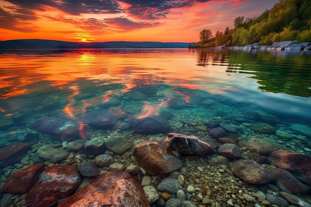 Lago cristalino com vista para o pôr do sol colorido criado com IA generativa