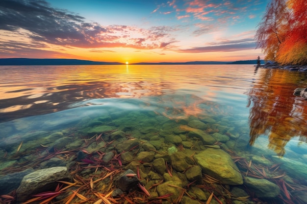 Lago cristalino com vista para o pôr do sol colorido criado com IA generativa