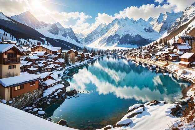 Foto lago cristalino con un pueblo pintoresco