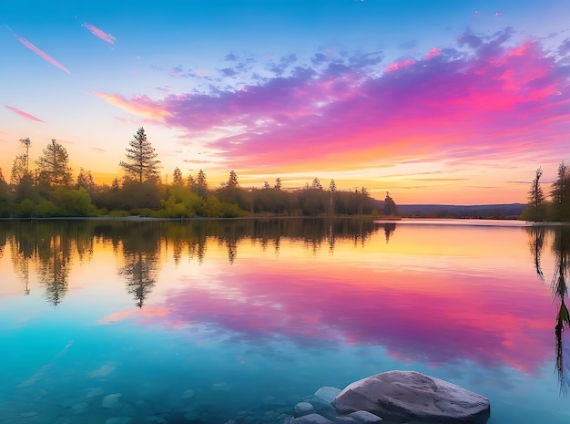 Un lago cristalino con una puesta de sol colorida en el fondo