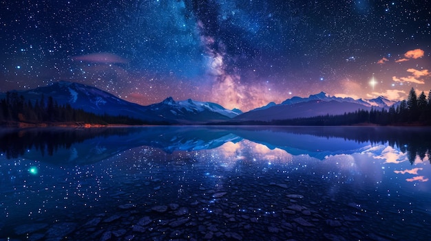 Un lago cristalino que refleja un cielo estrellado por la noche