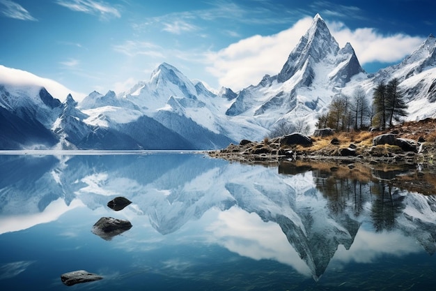 Un lago cristalino que refleja los picos cubiertos de nieve