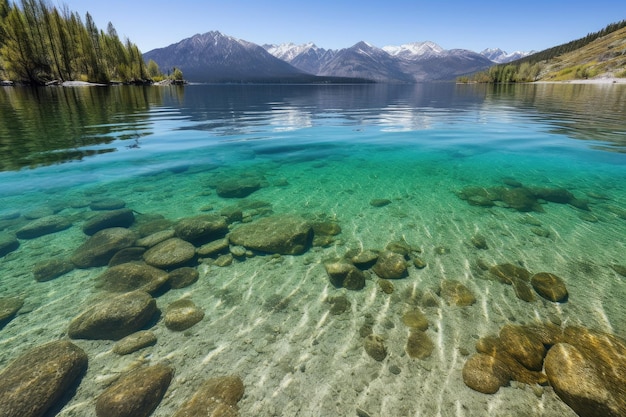 Lago cristalino con vista a la cordillera en el fondo creado con ai generativo