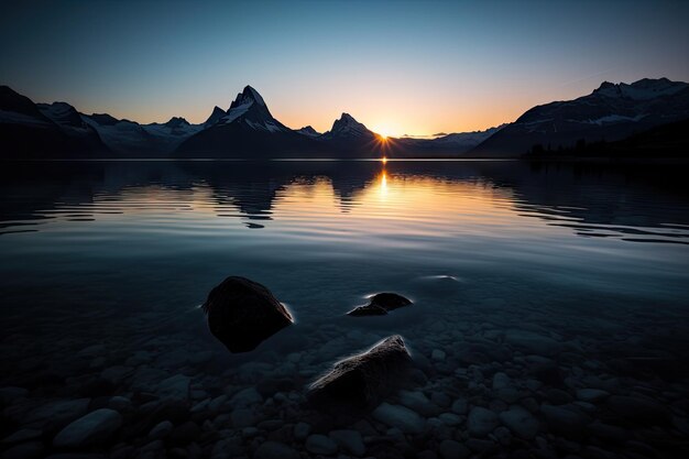 Lago cristalino con vistas al amanecer que perfila picos imponentes creados con inteligencia artificial generativa
