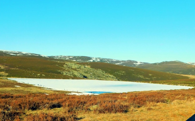 Un lago cubierto de nieve en las montañas con el cielo azul de fondo.