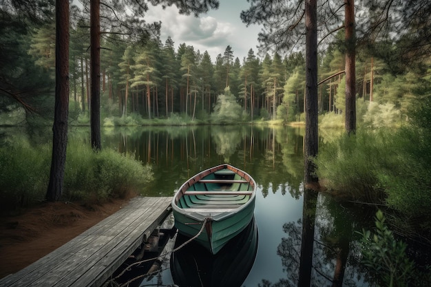 Foto lago da floresta tranquila com barco a remo atracado no cais