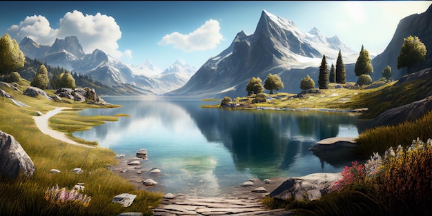 Lago da paisagem montanhosa e panorama grande da cordilheira Ai_Generated_