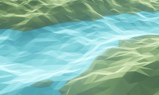 Lago de baixo polígono de renderização 3D. Topografia abstrata.