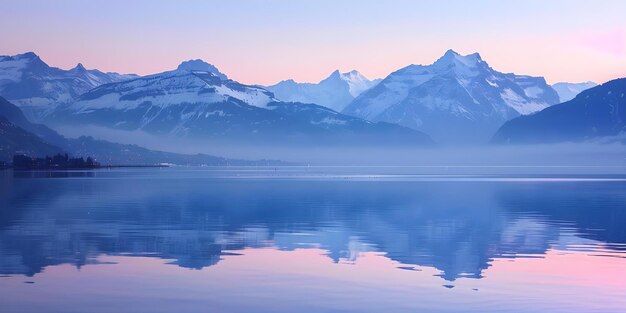 Foto lago de genebra ao amanhecer refletindo os alpes suíços com evianle conceito paisagem natural fotografia nascer do sol paisagem alpina lago de ginebra destino de viagem