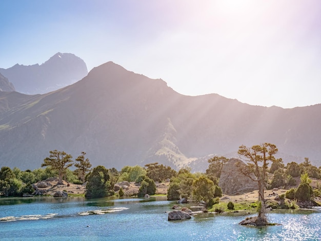Lago de montanha com água azul e uma árvore de zimbro ao sol em um fundo de montanha rochosa montanhas fanntajiquistão ásia central