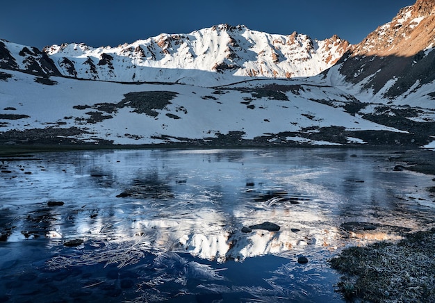 Lago de montanha com reflexo do pico