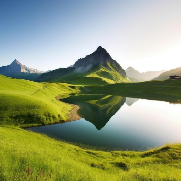 Lago de montanha com reflexo na água