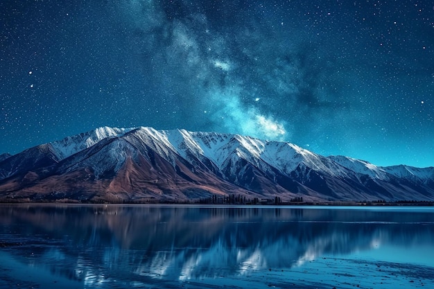 Lago de montanha nas montanhas no fundo do céu nocturno estrelado