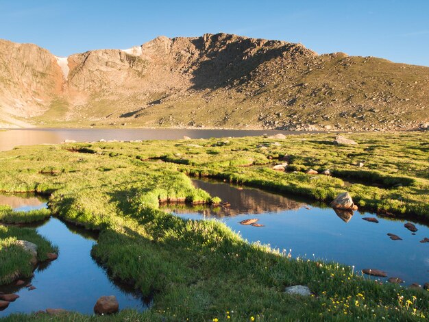 Lago de montanha pela manhã.