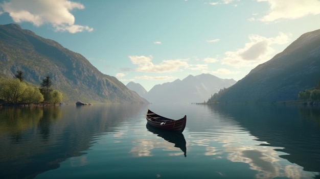 Lago de montanha sereno com um pequeno barco flutuando pacificamente