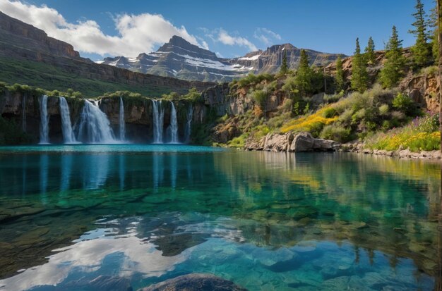 Lago de montanha sereno com uma cachoeira de fundo