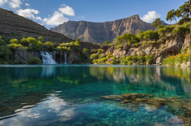 Lago de montanha sereno com uma cachoeira de fundo