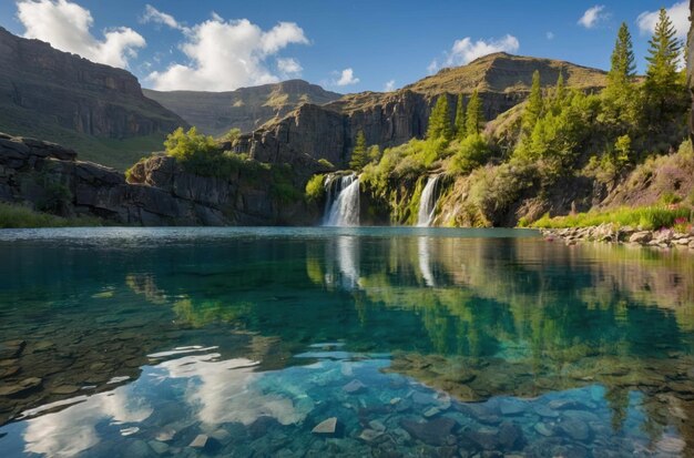 Lago de montanha sereno com uma cachoeira de fundo