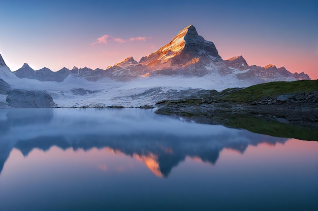 Lago de montanha transparente contra o fundo do sol se pondo atrás de colinas nevadas