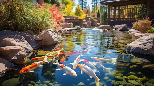 Foto lago de peixes koi e cheio de peixes coloridos generativo ai