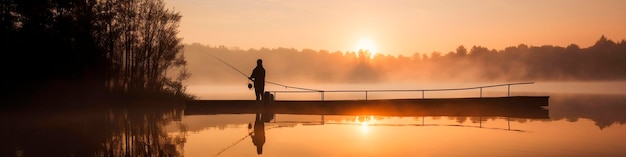 Lago de pesca vara de pesca amanhecer da manhã Generativo Ai