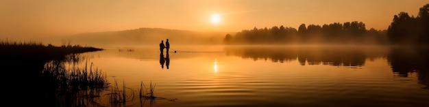 Lago de pesca vara de pesca amanhecer da manhã Generativo Ai