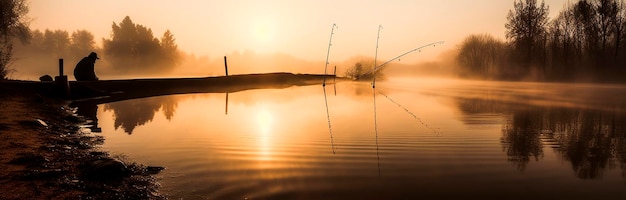 Lago de pesca vara de pesca amanhecer da manhã Generativo Ai