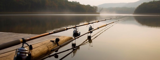 Lago de pesca vara de pesca amanhecer da manhã Generativo Ai