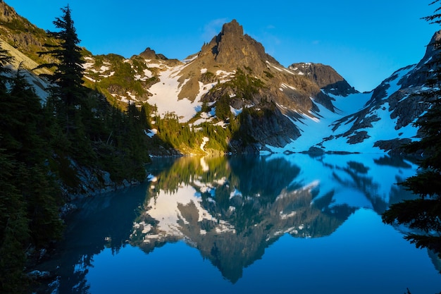 Lago de serenidade nas montanhas na temporada de verão. Belas paisagens naturais.