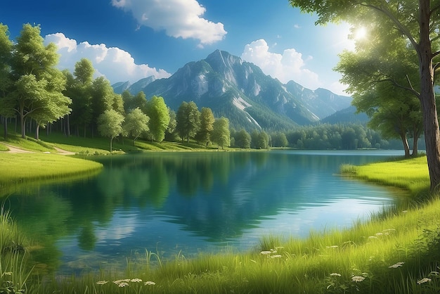 Lago de verão em paisagem natural verde